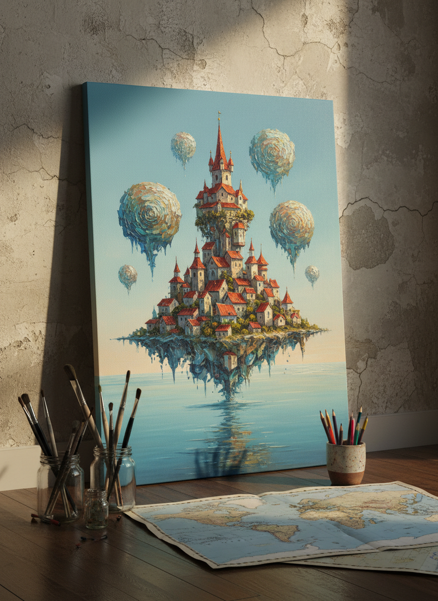 An intricately detailed canvas leaning against a textured plaster wall, depicting an imaginary city where traditional European rooftops melt seamlessly into floating, iridescent islands suspended above a calm sea. The canvas is surrounded by small glass jars of brushes, a ceramic cup filled with colored pencils, and a folded world map with frayed edges hinting at past journeys. Warm golden hour light streams in from the right, grazing the canvas surface and revealing the tactile brushstrokes and subtle impasto. Gentle shadows stretch across a dark wooden floor, adding depth and drama. Photographed from a slightly low angle, the composition emphasizes the height of the canvas and its dreamlike subject. The atmosphere is poetic and sophisticated, blending photographic realism with a sense of wandering imagination.