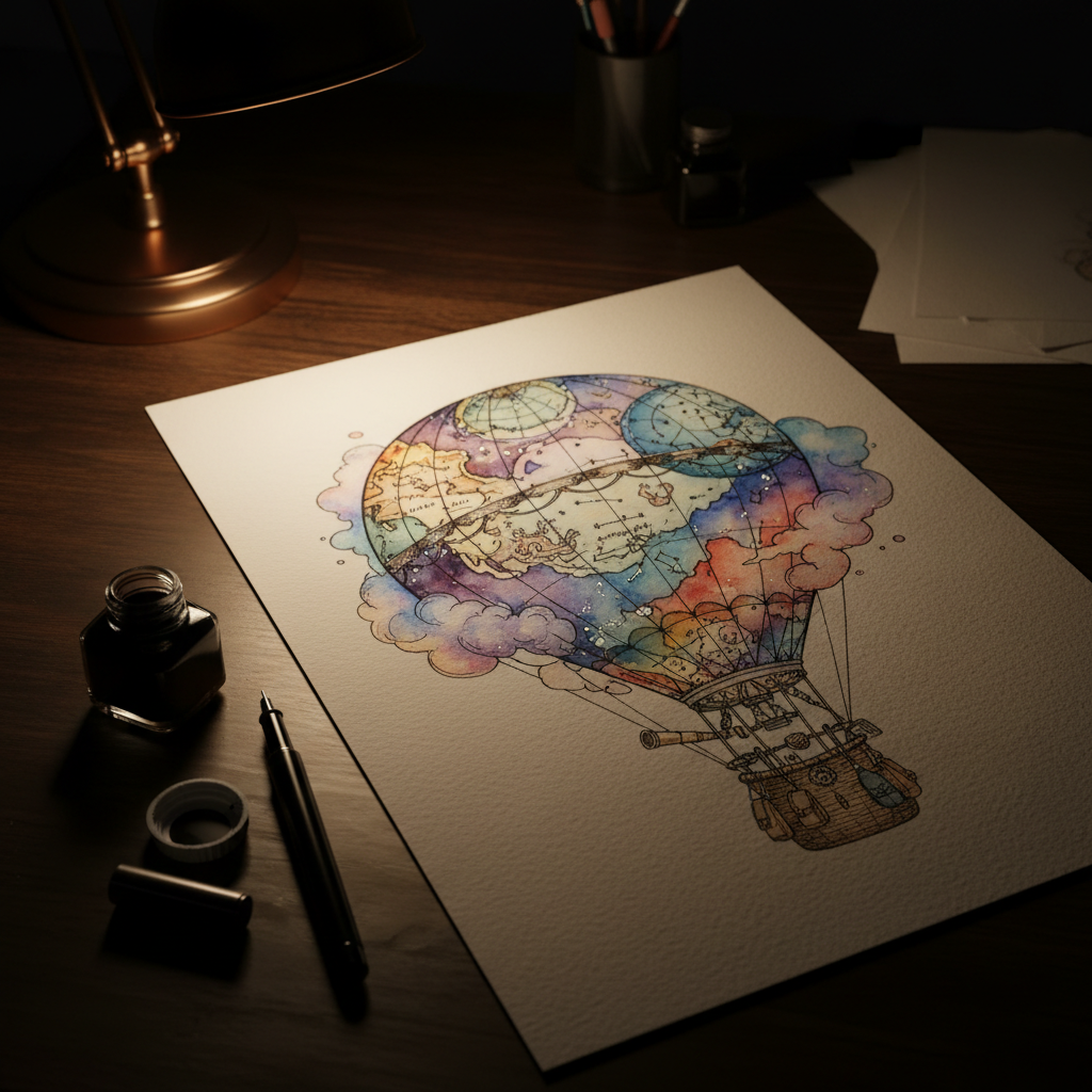A close-up, cinematic photograph of a single, partially completed illustration on heavy cotton paper, featuring a fantastical hot air balloon whose envelope is painted as a patchwork of maps, constellations, and watercolor clouds. The paper rests on a dark, polished wooden desk, with a fine liner pen and a small, open ink bottle positioned near the lower edge of the frame. A pool of soft, directional light from an adjustable desk lamp illuminates the drawing, creating a spotlight effect with gentle falloff into velvety shadow around the corners. Captured from a slightly oblique angle with shallow depth of field, the image keeps the intricate balloon details razor-sharp while background elements blur gracefully. The overall aesthetic is sophisticated and intimate, highlighting the precision and imagination of the artwork.