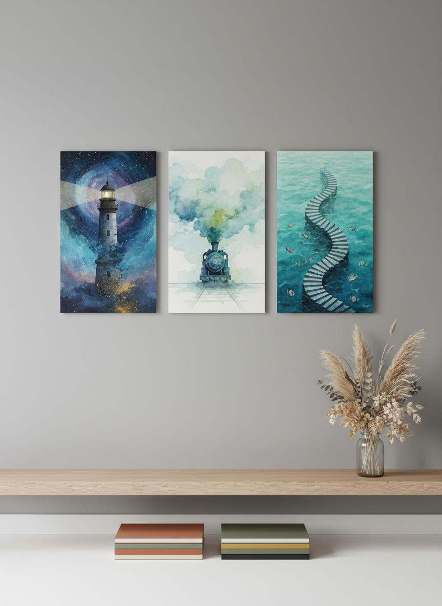A series of three narrow canvases displayed on a floating wooden shelf against a matte, dove-grey wall, each painting capturing a different surreal travel scene: a lighthouse dissolving into a starry sky, a train emerging from a watercolor cloud, a staircase spiraling into a turquoise ocean. Below the shelf, neatly stacked sketchbooks with colored edges and a single glass vase holding dried, neutral-toned foliage add tactile detail. Soft, diffused overcast light from the left keeps shadows subtle and consistent, creating a calm, gallery-like feel. The photograph is shot straight-on with sharp focus throughout, highlighting the alignment of the frames and the harmonious color palette. The mood is refined and contemplative, showcasing the artist’s universe as a cohesive, sophisticated collection.