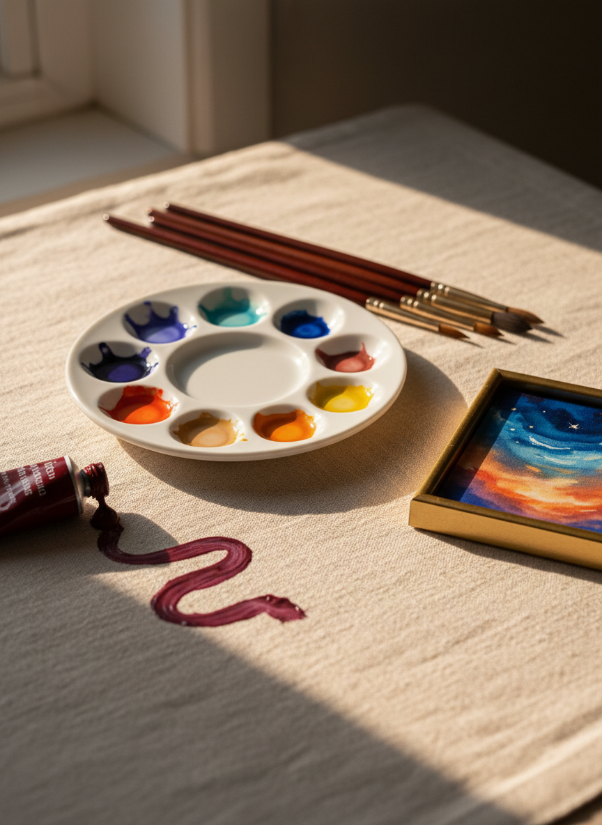 A gracefully arranged collection of fine art tools resting on a linen-draped surface: sable brushes with dark, glossy handles, a smooth porcelain palette dotted with luminous watercolor pools, and a single, richly pigmented paint tube squeezed into a delicate swirl. Beside them lies a small, framed abstract painting that merges celestial blues with fiery sunset oranges, suggesting a bridge between reality and imagination. Diffused late-afternoon window light bathes the scene, producing soft, feathered shadows and subtle specular highlights along the palette’s rim. Captured at eye level with a slight side angle, the composition uses the rule of thirds to create elegant balance. The photographic style is clean, minimal, and sophisticated, evoking quiet focus and the intimate ritual of artistic creation.